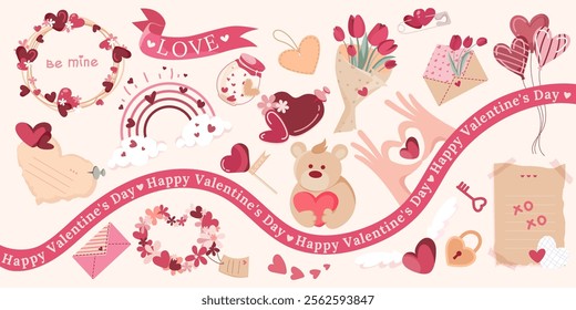 Valentine's Day set with heart, flowers, wreaths, banner, love note, hands with heart, rainbow and other elements, love letter, .Romantic love elements.Valentine's day, wedding and love concept.Vector