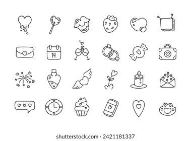 Valentine's Day set. Heart, gifts, flowers, lips, sweets. Love Like sign. Template for stickers, congratulations, scrapbooking, invitations, planners. Vector illustration outline style