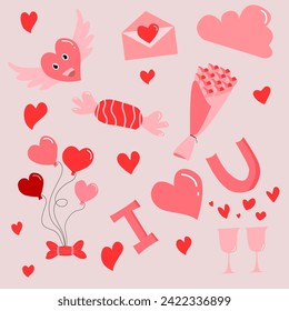 Valentine's Day set. Heart, gifts, flowers,  sweets.  scrapbooking congratulations invitations planners Vector illustration