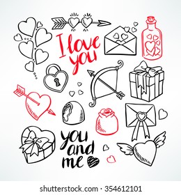 Valentine's Day set. Heart, gifts, sweets. hand-drawn illustration