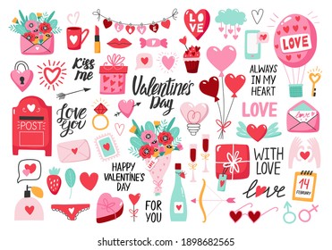 Valentine's Day set with heart and other elements on a white background. Valentine's day, wedding and love concept. Vector illustrations