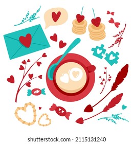 Valentine's Day set with heart and other elements on a white background. Wedding. Love concept. Vector illustrations