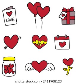 Valentine's Day set with heart and other elements on a white background. Valentine's day, wedding and love concept. Vector illustrations