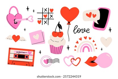 Valentine's Day set with heart and other elements on a white background. Valentine's day, wedding and love concept. Vector illustrations