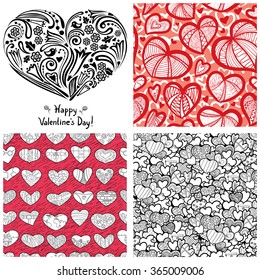 Valentine's Day set (heart silhouette cover illustration and 3 complementary  seamless patterns)