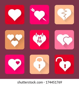 valentine's day set of heart vector icons flat design long shadows