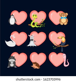 Valentine's Day set of hearts with cute animals. Cartoon style. Vector illustration