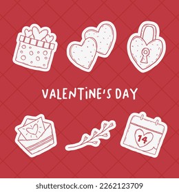 Valentine's day set. Hearts, gifts, flowers, bras, candy Fall in love. Template for sticker, congratulations, scrapbooking, and invitation planner