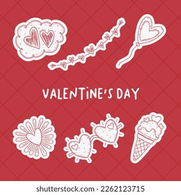 Valentine's day set. Hearts, gifts, flowers, bras, candy Fall in love. Template for sticker, congratulations, scrapbooking, and invitation planner