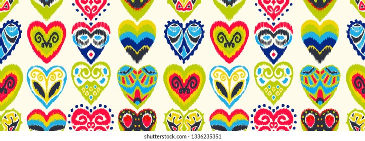 Valentine's day. Set with hearts. Ikat geometric folklore ornament. Oriental vector damask print. Ancient art of Arabesque. Tribal ethnic texture. Spanish motif on the carpet.  