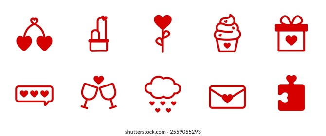 Valentine's Day set with hearts and other elements on white background. Two glasses of wine, cherry, envelope, letter, puzzle, cupcake. Valentine's day, wedding and love concept. Vector illustrations