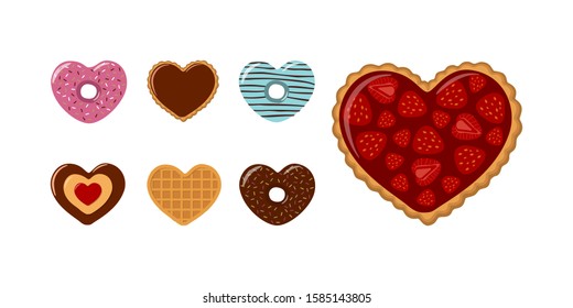 Valentines Day. Set of heart-shaped cookies, donuts and waffles with strawberries and chocolate. Vector illustration