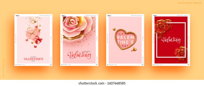 Valentines Day Set of Holiday Gift Card. Romantic banners, web poster, flyers and brochures, greeting cards, group bright covers. Design with realistic decoration objects. wedding invitations