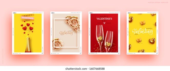 Valentines Day Set of Holiday Gift Card. Romantic banners, web poster, flyers and brochures, greeting cards, group bright covers. Design with realistic decoration objects. wedding invitations