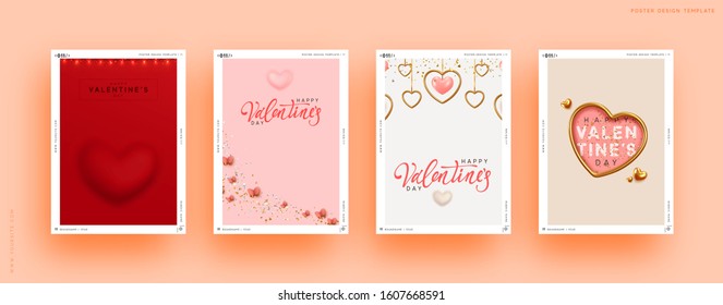 Valentines Day Set of Holiday Gift Card. Romantic banners, web poster, flyers and brochures, greeting cards, group bright covers. Design with realistic decoration objects. wedding invitations