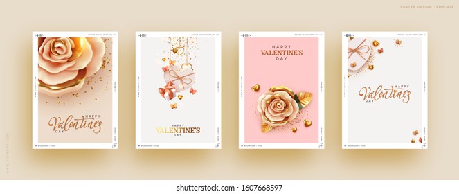 Valentines Day Set of Holiday Gift Card. Romantic banners, web poster, flyers and brochures, greeting cards, group bright covers. Design with realistic decoration objects. wedding invitations