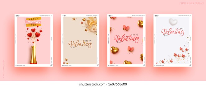 Valentines Day Set of Holiday Gift Card. Romantic banners, web poster, flyers and brochures, greeting cards, group bright covers. Design with realistic decoration objects. wedding invitations