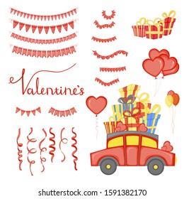 Valentine's Day set of holiday objects. Cartoon style. Vector illustration