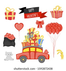 Valentine's Day set of holiday objects. Cartoon style. Vector illustration