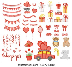 Valentine's Day set of holiday objects. Cartoon style. Vector illustration