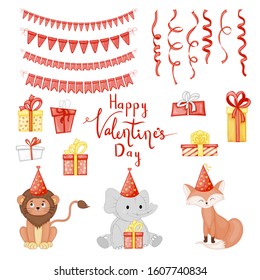 Valentine's Day set of holiday objects. Cartoon style. Vector illustration