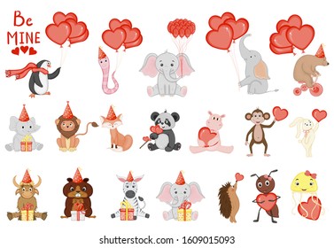 Valentine's Day set of holiday objects. Cartoon style. Vector illustration