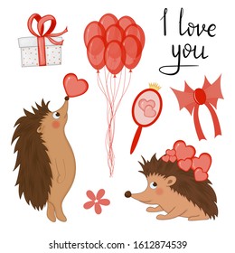 Valentine's Day set of holiday objects. Cartoon style. Vector illustration