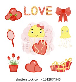 Valentine's Day set of holiday objects. Cartoon style. Vector illustration