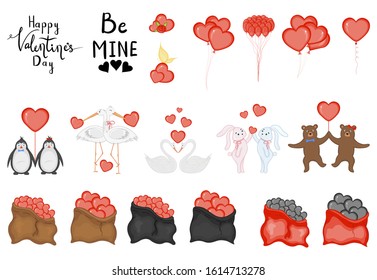 Valentine's Day set of holiday objects. Cartoon style. Vector illustration