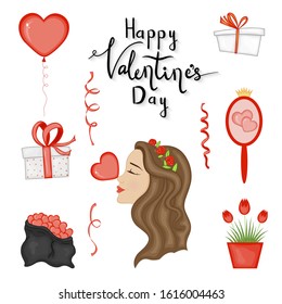 Valentine's Day set of holiday objects. Cartoon style. Vector illustration