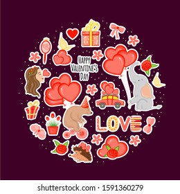 Valentine's Day set of holiday stickers. Cartoon style. Vector illustration