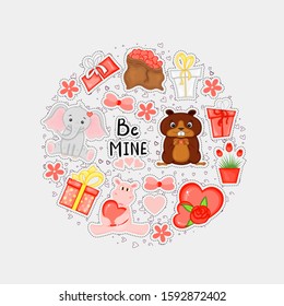 Valentine's Day set of holiday stickers. Cartoon style. Vector illustration