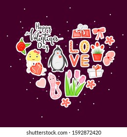 Valentine's Day set of holiday stickers. Cartoon style. Vector illustration