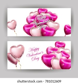 Valentine's day set of horizontal banners with 3d heart-shaped balloons. Vector template.