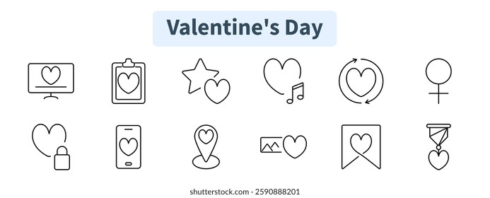 Valentines Day set icon. Love screen, clipboard heart, favorite, music, relationship cycle, female symbol, locked heart, mobile, location, romantic image, heart banner, love medal.