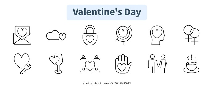 Valentines Day set icon. Love letter, cloud with heart, heart lock, globe love, romantic thoughts, LGBT couple, heart with key, wine and heart, community love, hand care, couple, coffee date.