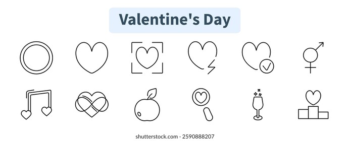 Valentines Day set icon. Ring, heart, focus, broken heart, approval, male symbol, love music, infinity, apple, heart search, romantic drink, podium heart.