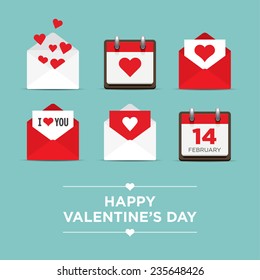  Valentines day set of icons, letter, calendar, hearts