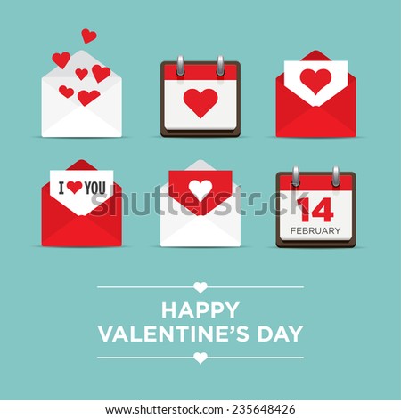  Valentines day set of icons, letter, calendar, hearts