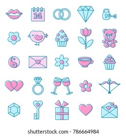 Valentines day set icons. Lips, ring, heart, gift, diamond, Valentine, flower, cupcake and other. Vector illustration