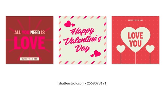 Valentine's day set - instagram post, emblems and card vector for celebrating valentine's Day on 14 February. Wallpaper, flyer, poster, sticker, banner, card.