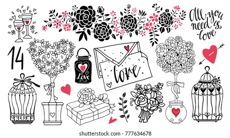 Valentines day set isolated on white background. Handwritten text