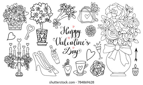 Valentines day set isolated on white background. Hand drawn. Black line. Handwritten font
