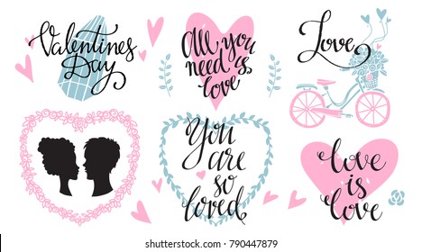 Valentines day set. Isolated on white background. Handwritten font, hand drawn