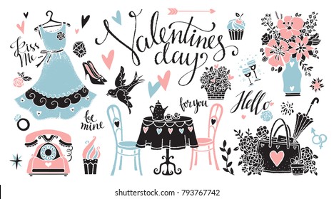 Valentines day set. Isolated on white background. Handwritten font, hand drawn
