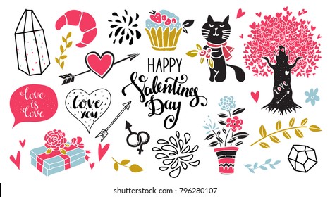 Valentines day set. Isolated on white background. Handwritten font, hand drawn