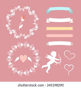Valentine's day set of label, badges, stamp and design elements. White on pink background