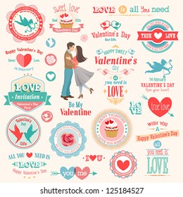 Valentine`s Day set - labels, emblems and other elements. Vector illustration.