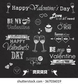 Valentines day set - labels, emblems and decorative elements on blackboard