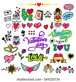 Valentine`s Day set labels, emblems and other elements. Vector illustration EPS 10. Isolated on white background. Pop art fashion chic patches. Freehand drawing.